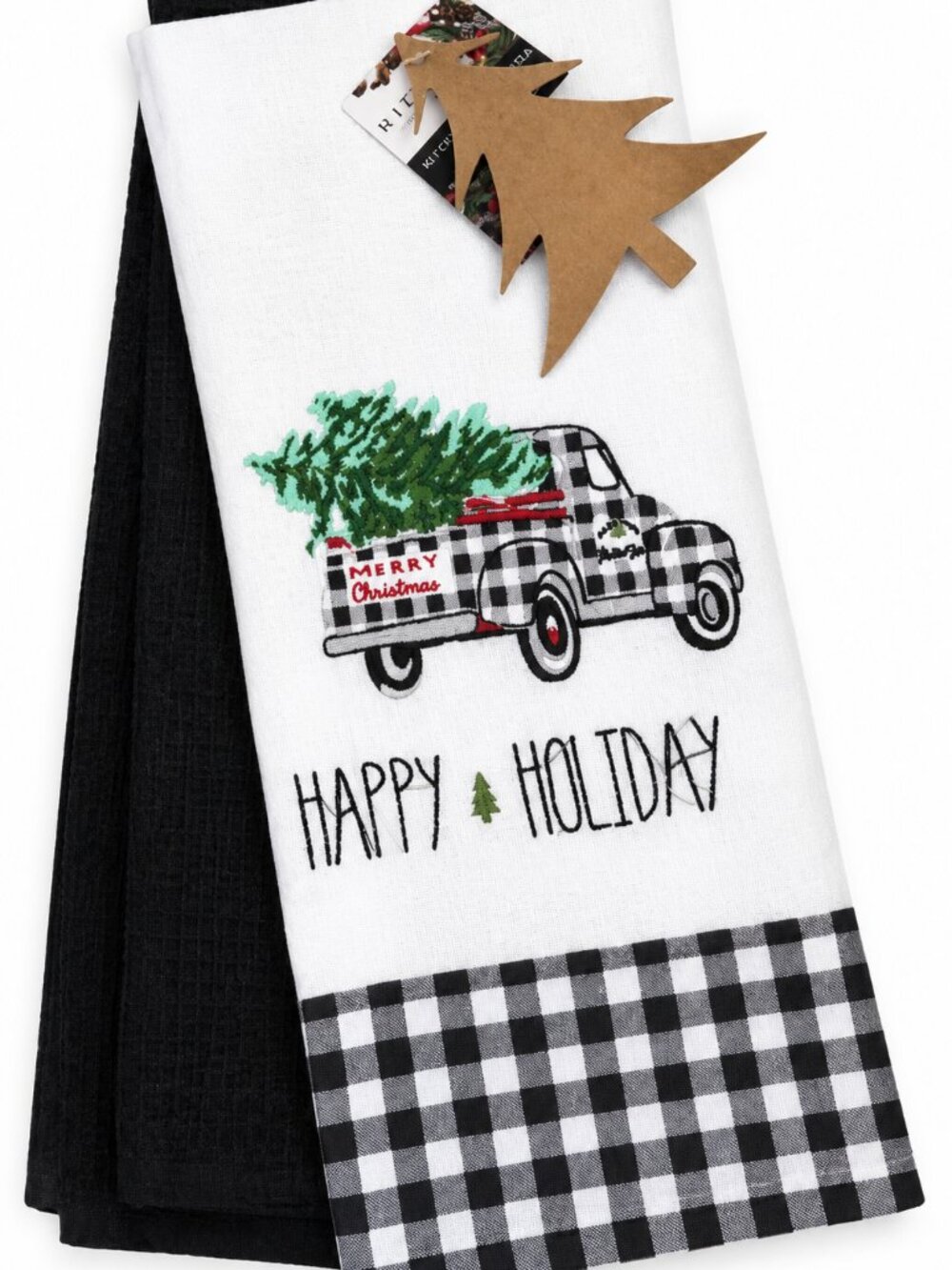Christmas Kitchen Dish Towels Embroidered Happy Black Buffalo Check Set of 2